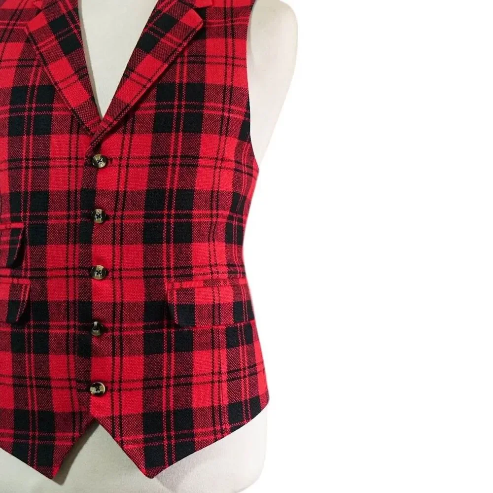 Mens 46R Wool Tartan Plaid Vest Red Black Waistcoat Formal Wedding Party Dress - Picture 5 of 8